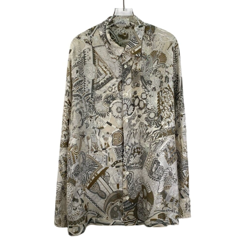 Herms Color-Block Pattern Printed Silk Collared S… - image 1